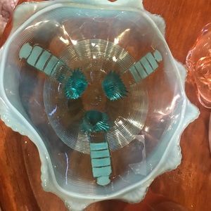 Fenton Aqua opalescent ruffled trinket dish